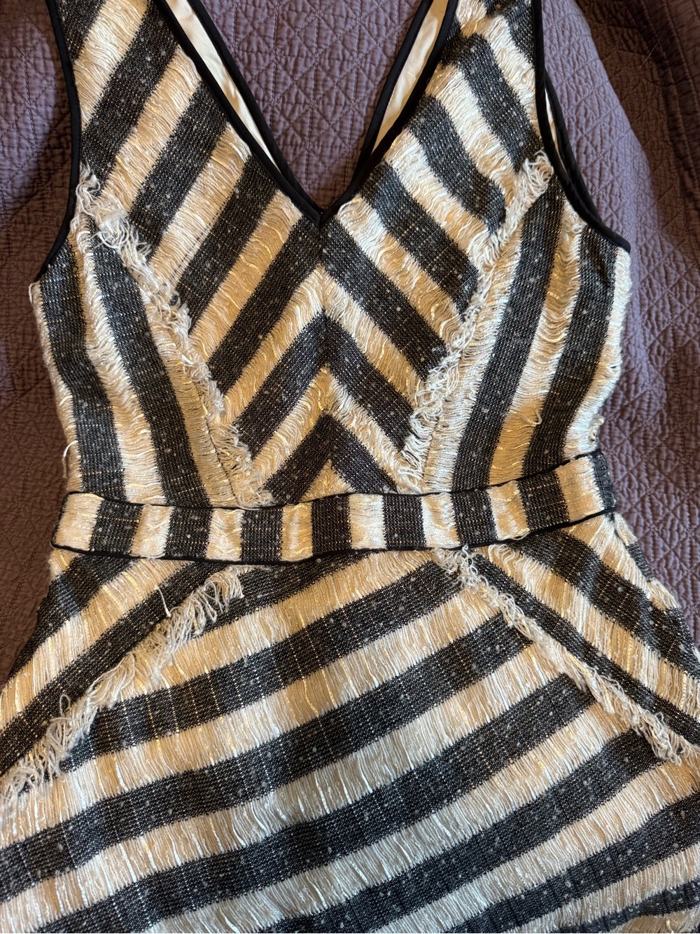 Anthropology Striped V-Neck Fringe Detail Dress in Black & Cream